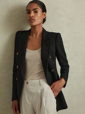 Reiss Lana Textured Wool Blend Double Breasted Blazer - Black - Size 14